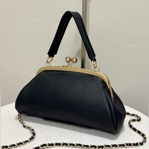 Black Pebble Cowhide Handmade Vintage Style Kisslock Clutch Bag/Multi Use Style